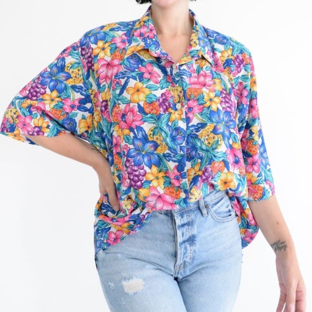 Vintage Floral Short Sleeve  Collar Blouse